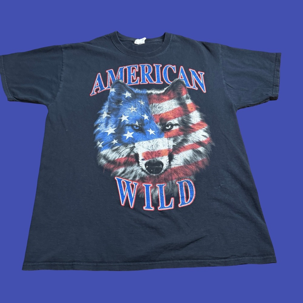 American Wild Wolf Patriotic Flag Tee Large Nature Outdoor Hunting Hiking Cotton